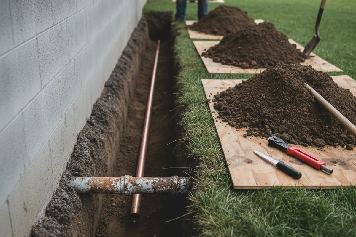 Excavated water line trench during Water Heater Repair in Erath